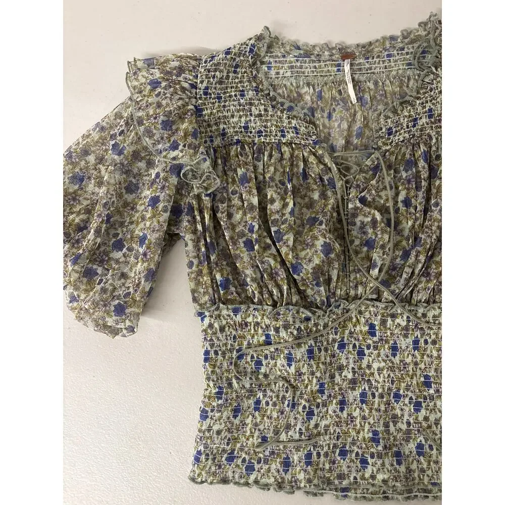 Free People SZ Small Beatrice Floral-Print Smocked Puff Sleeve Peasant Top green